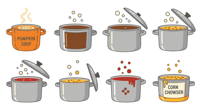 Cartoon illustration of various soups cooking in pots.
