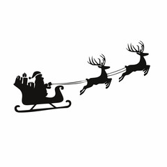 Black silhouette of Santa Claus flying in his sleigh pulled by two reindeer, a classic Christmas festive illustration