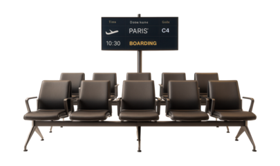 Seating area at the boarding gate with flight info screens above.