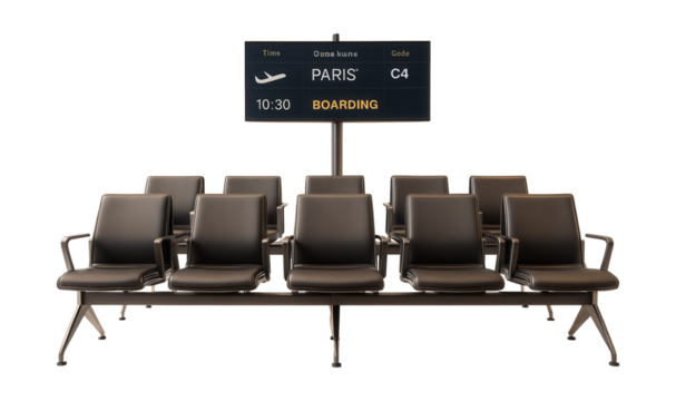 Seating area at the boarding gate with flight info screens above.