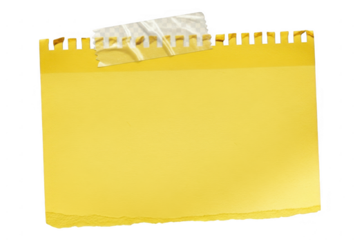 Yellow sticky note with a torn top edge and masking tape, ready for your important message or reminder, isolated on transparent background