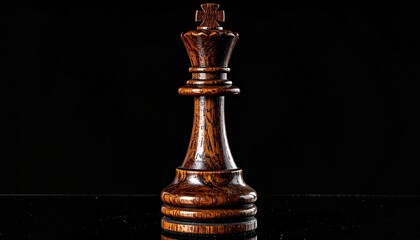 A carved wooden chess king stands alone against a black backdrop, symbolizing power and strategic leadership.
