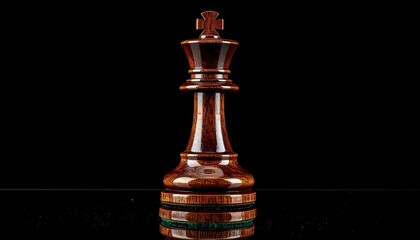 A carved wooden chess king stands alone against a black backdrop, symbolizing power and strategic leadership.