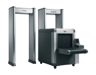 Security station featuring metal detectors and conveyor for baggage inspection.