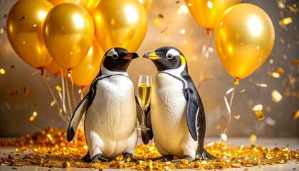Two penguin figurines toast with champagne amid golden balloons and confetti in a festive scene.