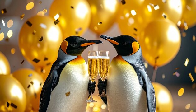 Two penguin figurines toast with champagne amid golden balloons and confetti in a festive scene.