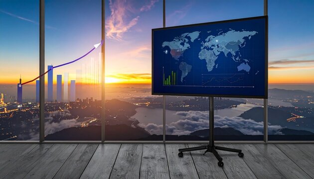 Modern conference room with global map and digital growth chart symbolizing business expansion and success.