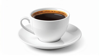 Fresh black coffee in a white ceramic cup, simple and elegant against a clean white background.