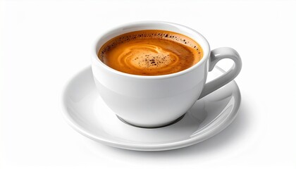 A rich espresso with golden crema swirls in a white ceramic cup on a matching saucer.