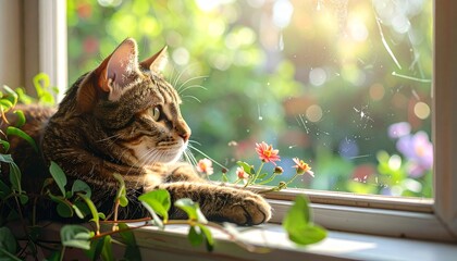 A tabby cat basks in golden sunlight on a windowsill, gazing peacefully at a blooming garden.