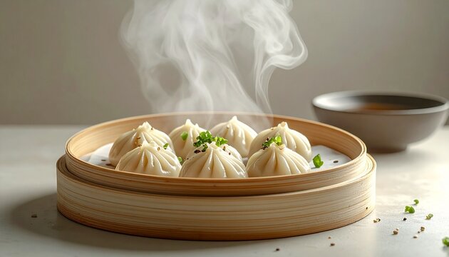 Realistic Korean mandu dumplings arranged neatly, subtle steam rising, placed on a clean neutral background