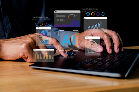 Futuristic Data Analysis Concept with AI Technology Showcasing User Interacting with Digital Interface and Touchscreen Visualizations on Laptop