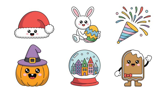 Festive holiday celebration cartoon icons