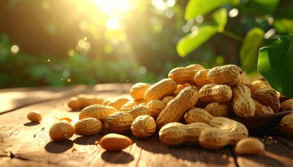 Freshly harvested peanuts rest on lush green foliage under warm golden sunlight in a serene farm field.