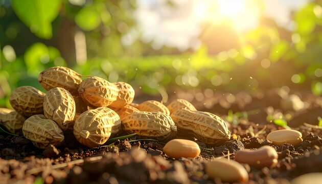 Freshly harvested peanuts rest on lush green foliage under warm golden sunlight in a serene farm field.