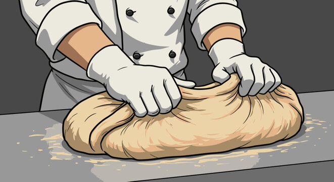 A professional baker's gloved hands expertly knead a large batch of fresh dough on a floured counter, preparing it for baking delicious bread or pastries.