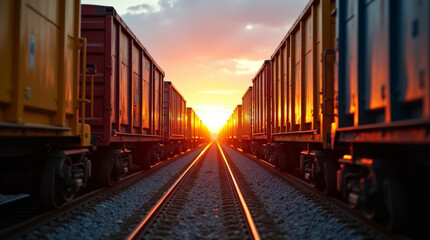 Obraz premium Freight train wagons on railway tracks at sunset with electric lines and warm light along transportation route