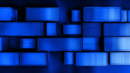 Facility. An aerial view of geometric shipping containers forming an abstract industrial landscape. Safety posters.