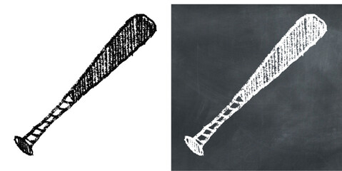 Chalk Handdrawn Baseball Bat Vector Ideal for sports, equipment, and educational projects, featuring a rough, sketched baseball bat on a chalkboard background.