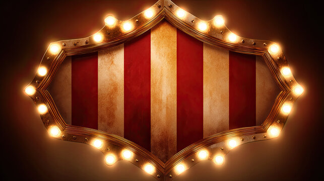 Vintage circus sign with glowing lights and bold striped background, perfectly symmetrical composition centered with copy space, ideal for retro themed advertising, posters and stage design.