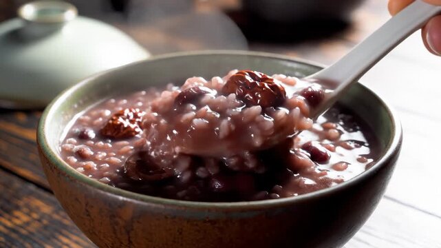 Eating Red Bean Congee With Spoon in Bowl