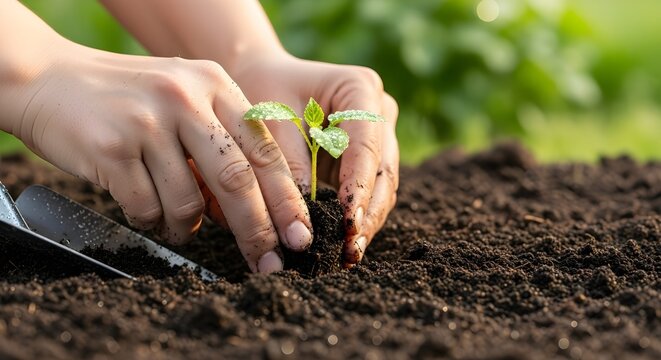 Hands carefully placing young sprout into rich soil during planting activity