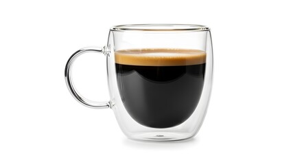 Elegant double walled glass mug with freshly brewed espresso coffee