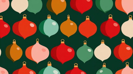 Colorful Christmas Ornaments Pattern on Dark Green Background for Holiday Decorations