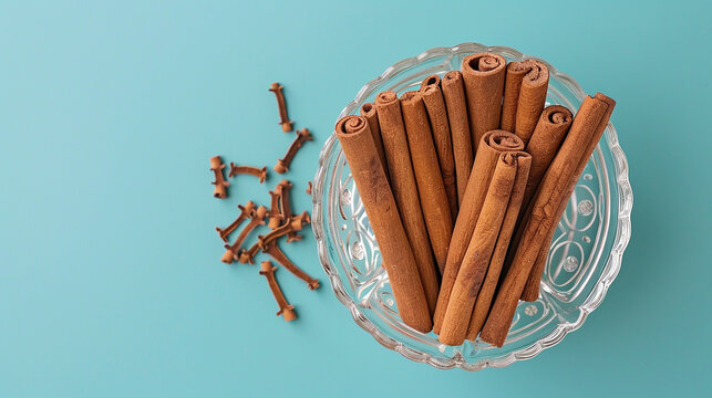 Fragrant Cinnamon Sticks and Cloves in Glass Bowl on Vibrant Blue Background, Overhead View