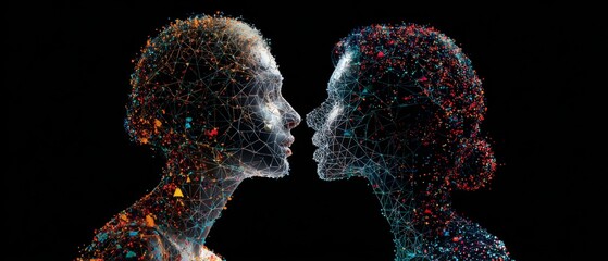 Capturing the spectrum of emotions in a single frame. Networking people silhouettes. Woman's dual personality: a study in black background contrast. Virtual collaboration symbol.