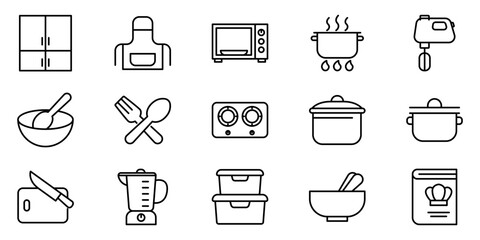 Kitchen Essentials Line Icon Set Depicting Cooking Tools and Utensils for Culinary Design