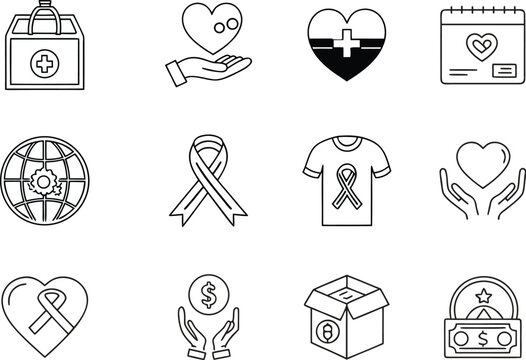 Charity and Donation set of web icons in line style.