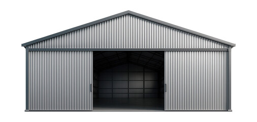 Fototapeta premium Steel-framed hangar featuring corrugated metal siding and spacious sliding doors.