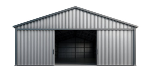 Steel-framed hangar featuring corrugated metal siding and spacious sliding doors.
