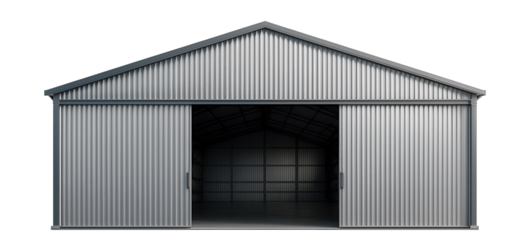 Steel-framed hangar featuring corrugated metal siding and spacious sliding doors.