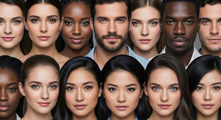 A diverse group of people with different skin tones and facial features looking at the viewer.