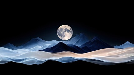 A surreal, abstract landscape with stylized mountains and flowing, foggy terrain under a large, detailed full moon against a dark night sky.