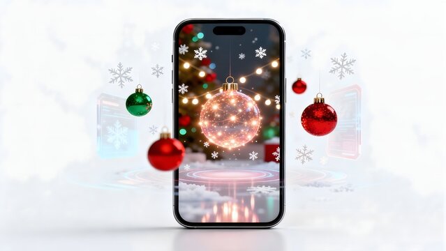 Smartphone with augmented reality Christmas decorations isolated on white. Modern AR technology concept and digital holiday shopping experience.