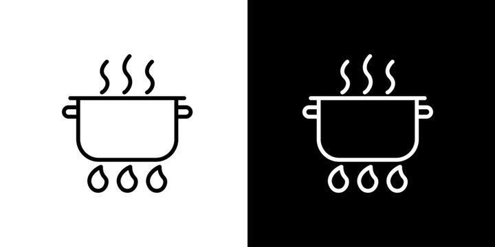 Simple line art icon representing a cooking pot on a stove with steam, symbolizing essential food preparation and hot meals in a modern kitchen setting