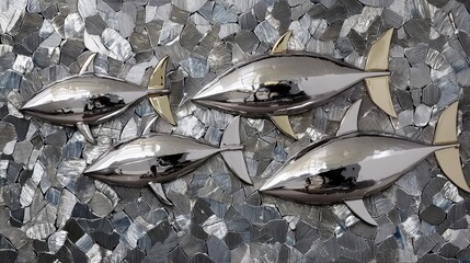Four shiny chrome fish with gold accents swim against a textured background of metallic scales, creating an abstract underwater scene with cool, reflective tone