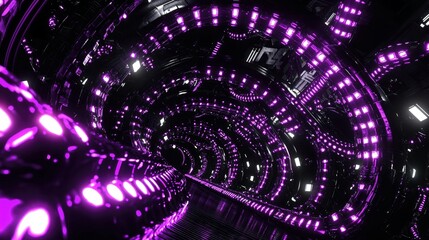 A dark, futuristic tunnel with swirling metallic structures illuminated by vibrant purple LED lights, creating a sense of depth and motion.