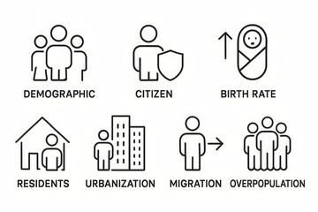 Demographic Icons: A collection of concise icons illustrating key concepts such as demographics, citizen, birth rate, residents, urbanization, migration, and overpopulation. 