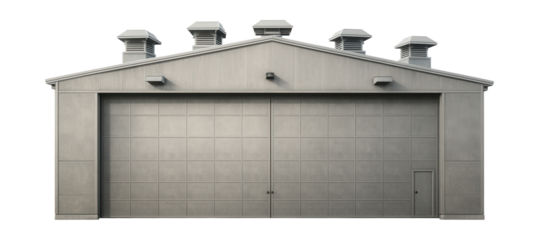 Fire-resistant hangar featuring roof smoke vents.