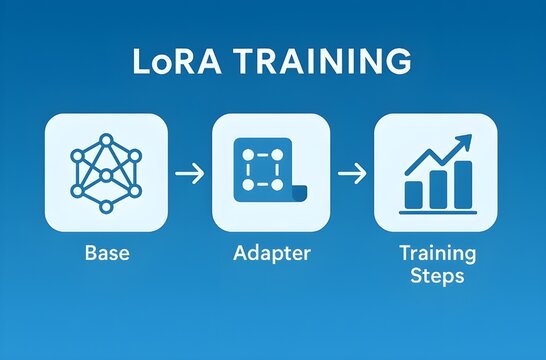 LoRA Training Infographic  LoRA学習の仕組み（Base&rarr;Adapter&rarr;Training Steps）を示したシンプルなAIモデル微調整フロー図