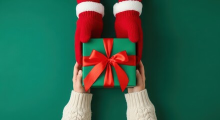 Hands in santa gloves giving a green gift box with red ribbon to another person