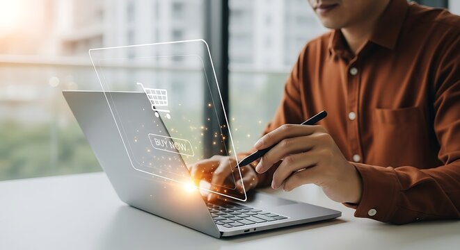 Man working on laptop with digital interface overlay.