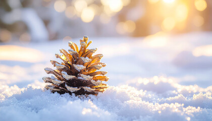 Winter holiday celebration green pine tree branch with snow and natural pine cones