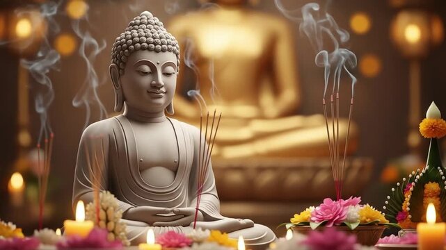 A close-up of a Buddha statue surrounded by incense, flowers, and offerings, symbolizing the peaceful celebration of Mahayana New Year