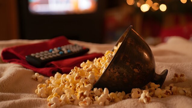 Spilled popcorn bowl and remote on blanket during cozy holiday movie night