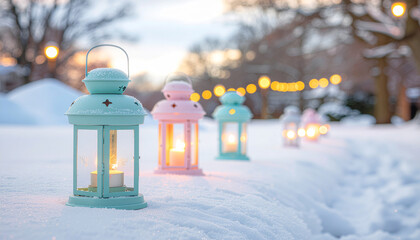 A snowy park landscape features a warm glowing christmas lantern decoration illuminating the frozen winter nature